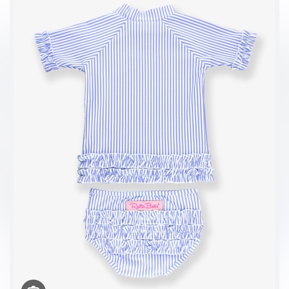 Ruffle Butts Toddler Girl Rash Guard Bikini Swim Suit Seersucker Blue Stripe - Picture 1 of 9